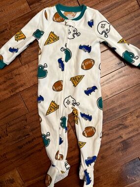 Carter's White Football & Team Print Footed One-Piece Pajamas with Teal Trim